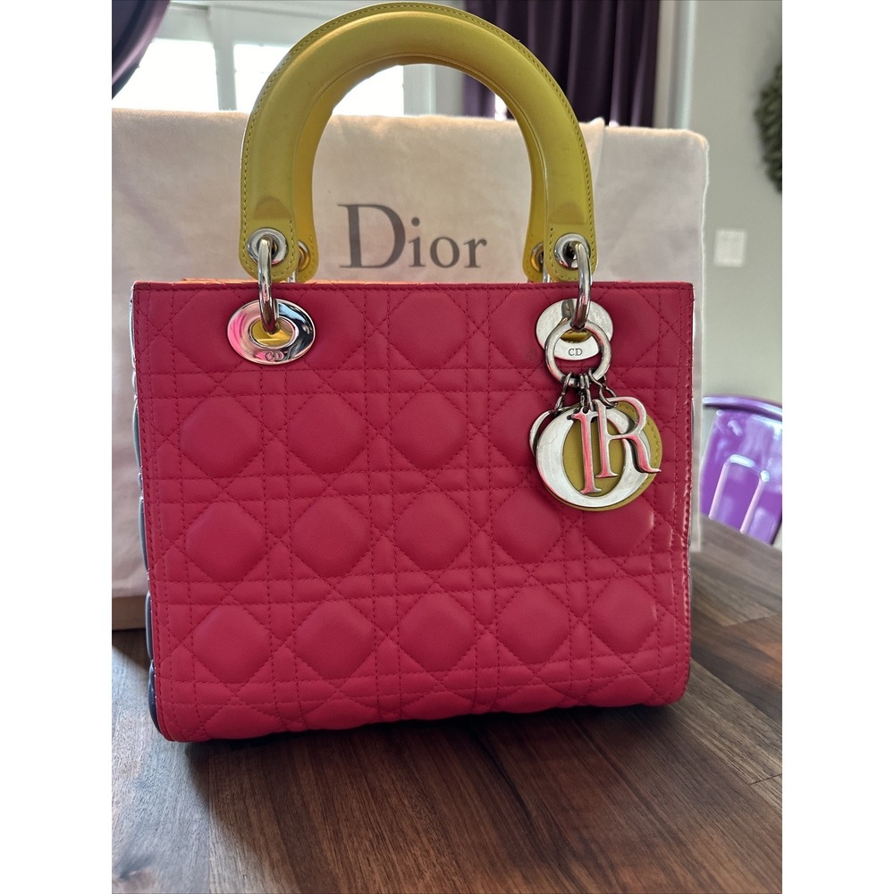 Christian Dior Lady Dior Cannage 2way Handbag Pink Tricolor. Leather Large Bag‎